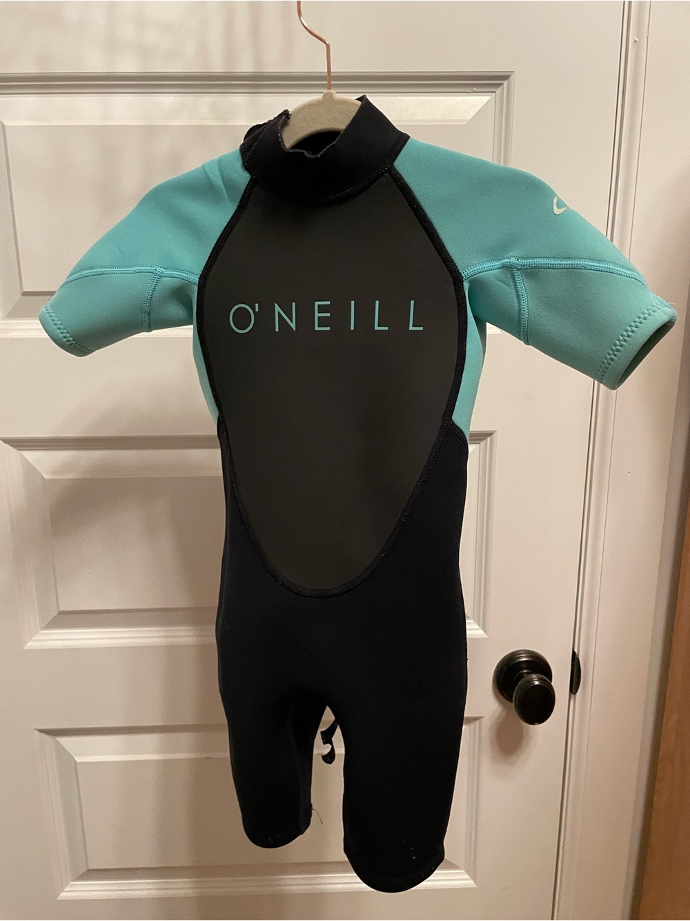 O'Neill Youth Reactor-2 2mm Back Zip Short Sleeve Spring Wetsuit, Black/Aqua, 4